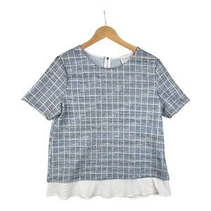 Emelia Tweed Plaid Short Sleeve Chiffon Hem Blouse size Large Blue/White